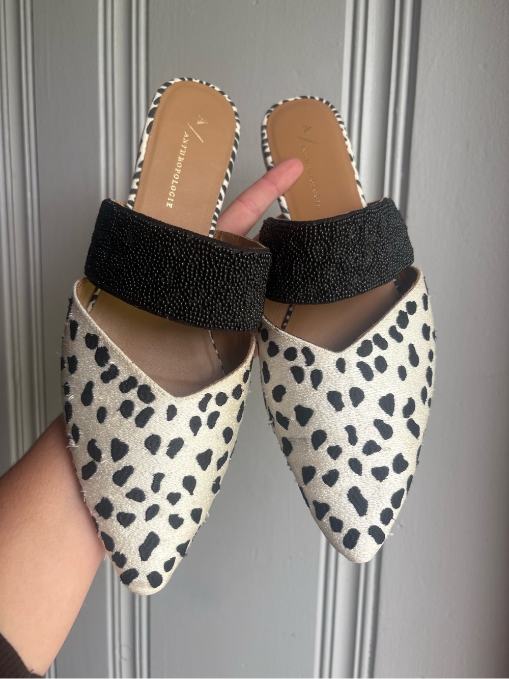 Women’s Anthropologie Dalmatian Print Flats Black & White Pointed Size 8.5 Mules